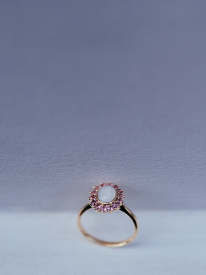 Roseglow breastmilk keepsake ring in solid gold with pink tourmalines