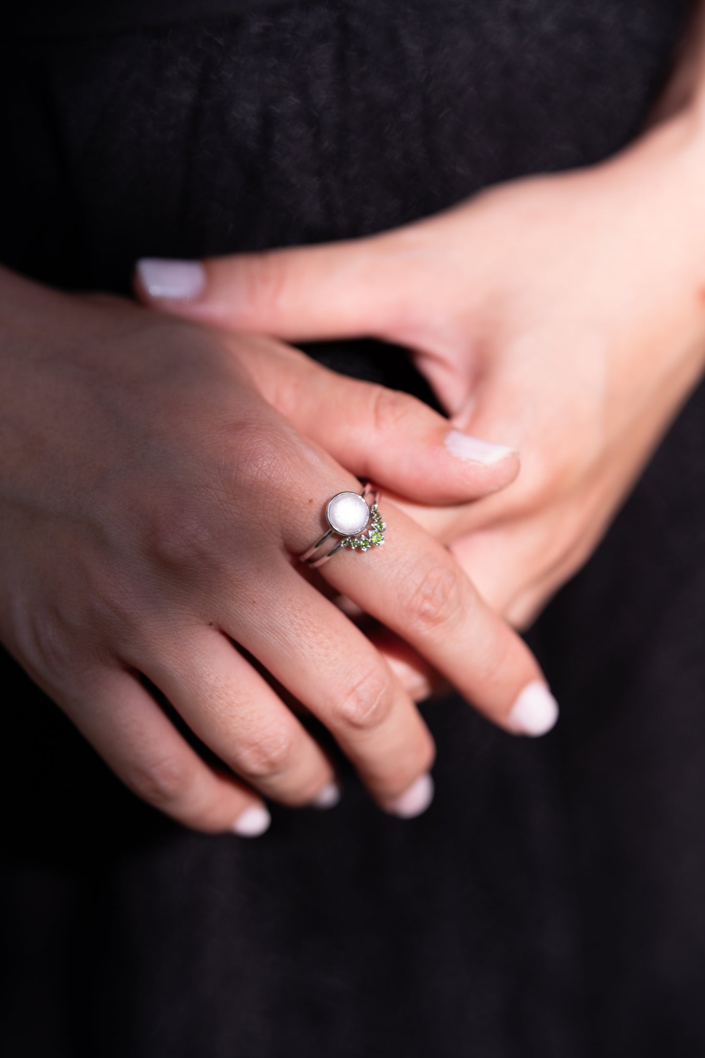 Solid gold Cradle Rings set, a breastmilk keepsake ring paired with a birthstone band