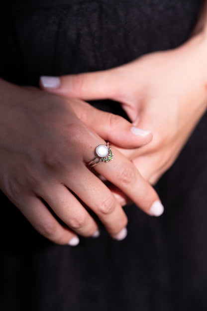 Solid gold Cradle Rings set, a breastmilk keepsake ring paired with a birthstone band